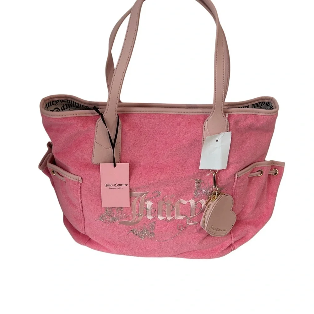 NWT Juicy Couture Pink Velour Tote Bag with Heart Pouch & Rhinestones